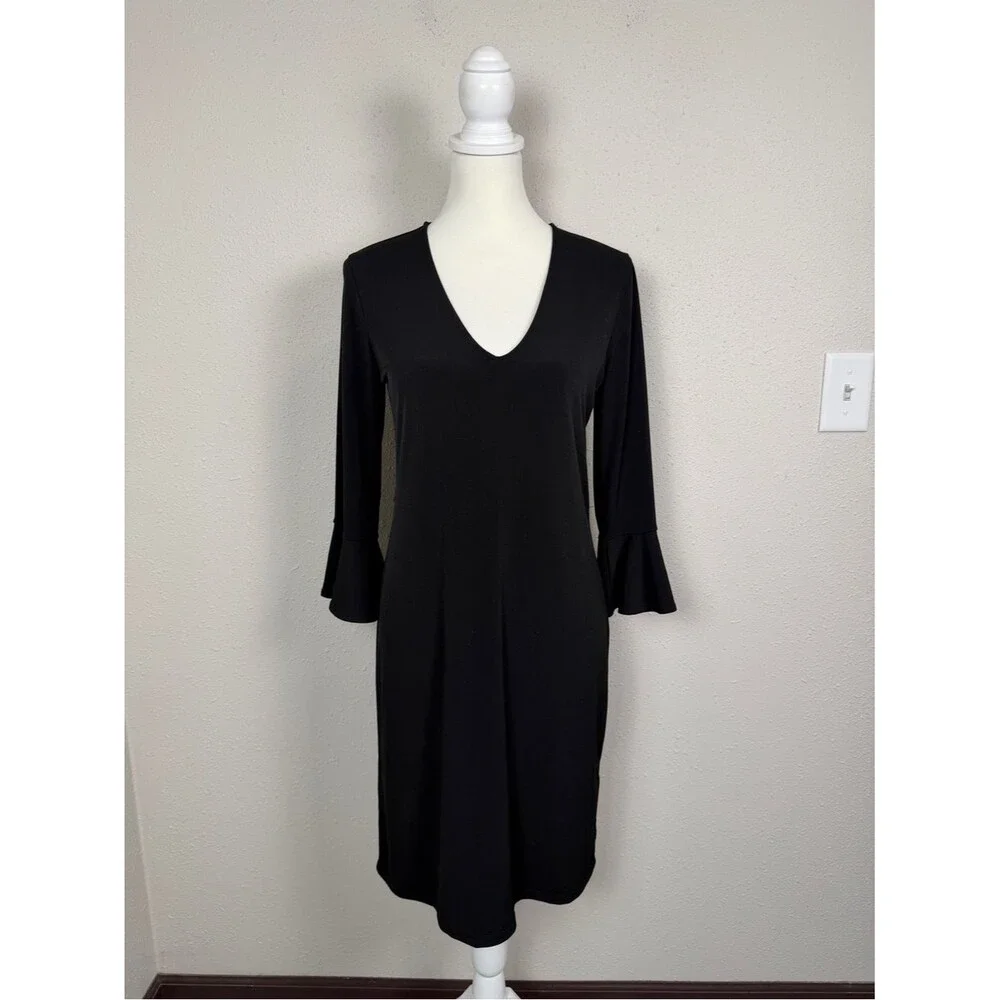 Banana Republic Black V Neck Dress Bell Sleeve Shift Dress Classic Minimalist